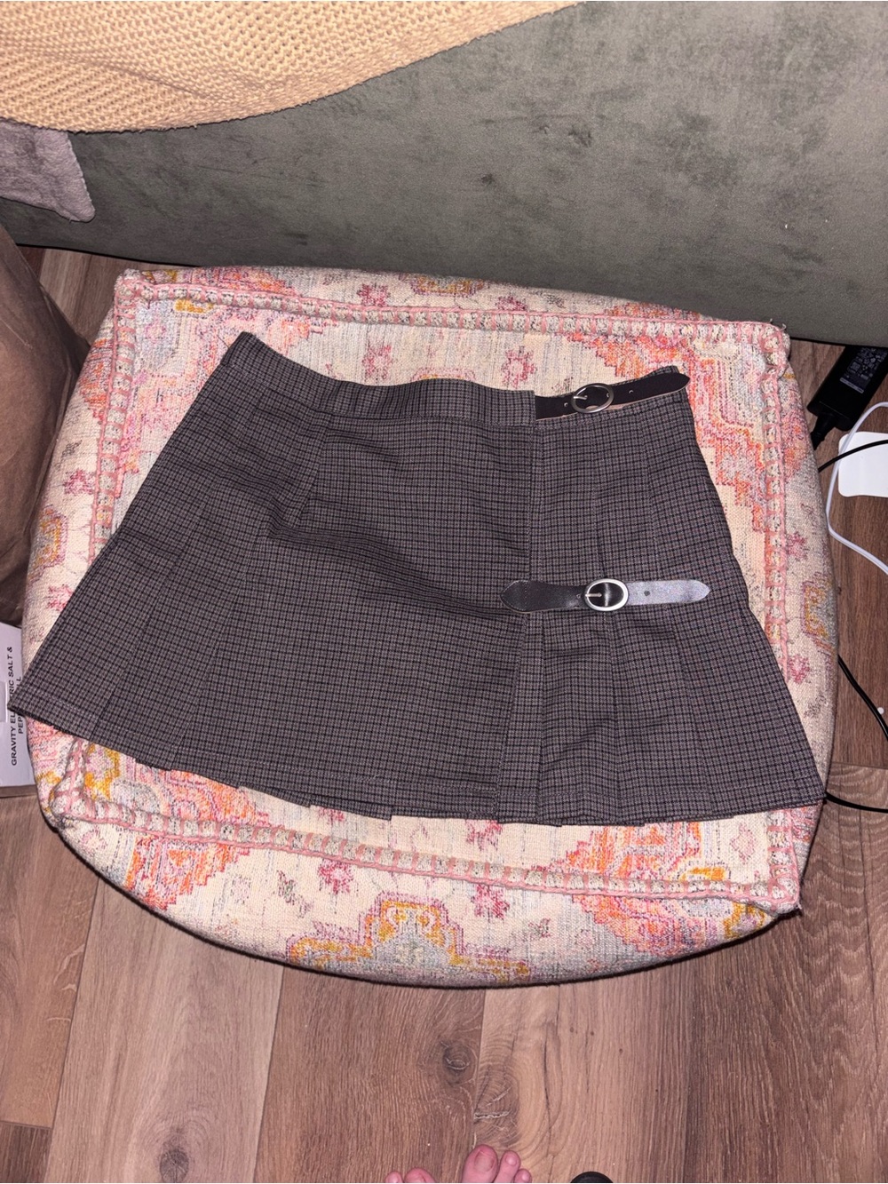 Brandy Melville - Plaid Mini Skirt with Buckle Detail - Brown